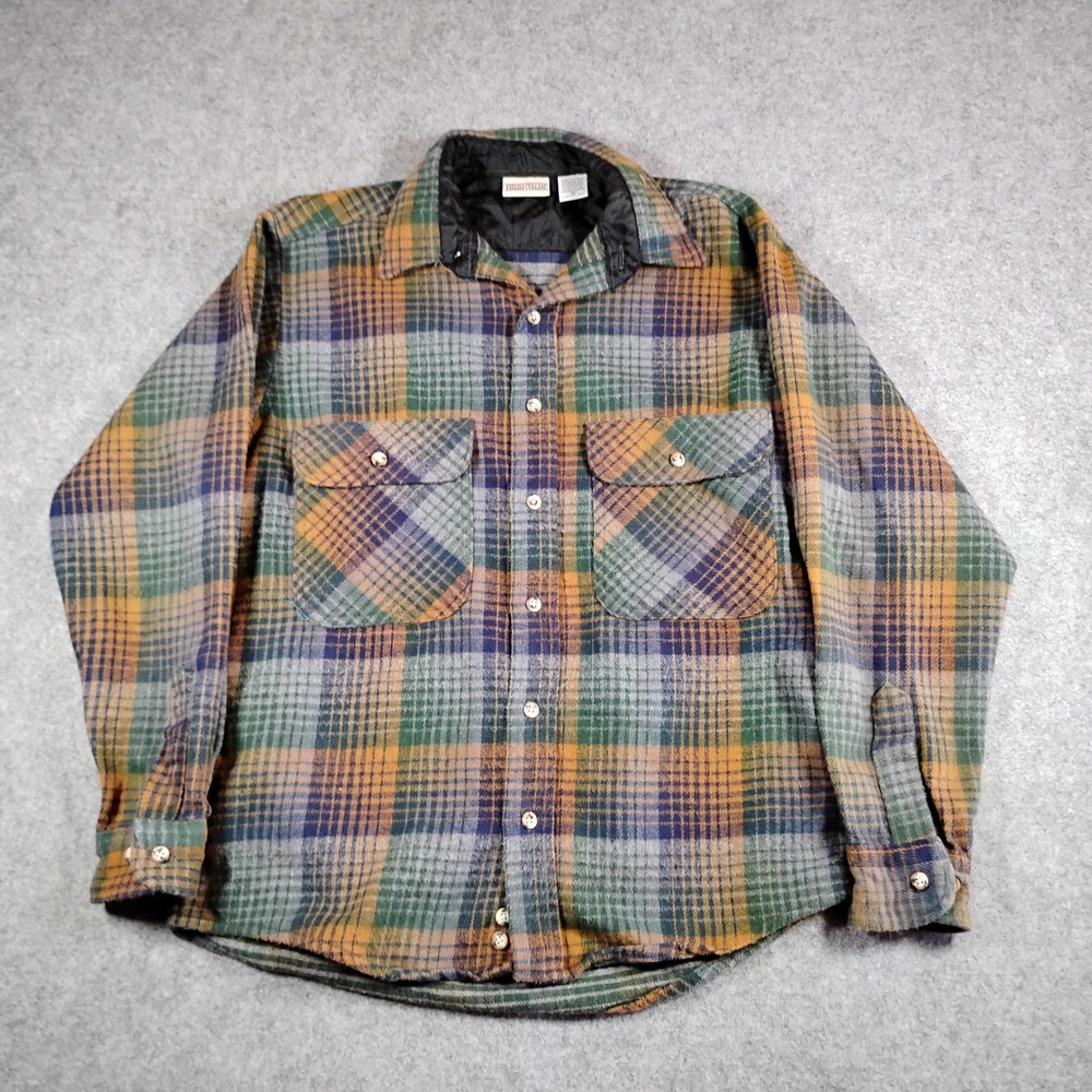 Vintage Field & Stream Mens Plaid Flannel Shirt Jacket Green Orange Cotton M